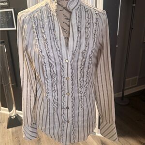 Cach’e Ivory and Silver Striped Ruffle Blouse